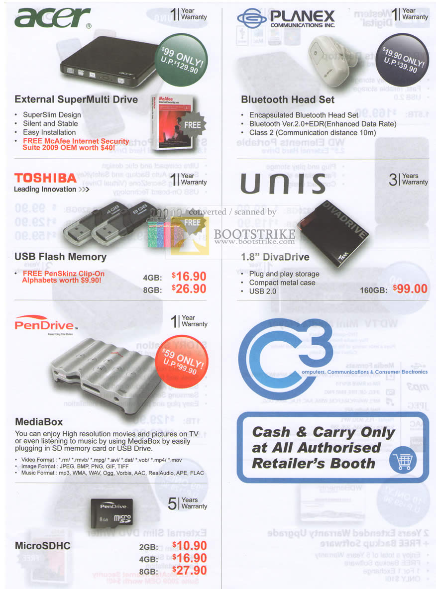 C3 2009 price list image brochure of Acer External Storage Toshiba Pendrive Planex Unis Bluetooth DivaDrive C3 2009 price list image brochure of Acer External Storage Toshiba Pendrive Planex Unis Bluetooth DivaDrive