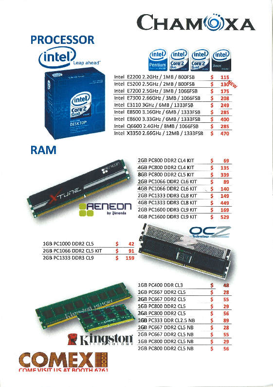 Comex 2008 price list image brochure of Chamoxa Intel Processor Aeneon Kingston OCZ RAM