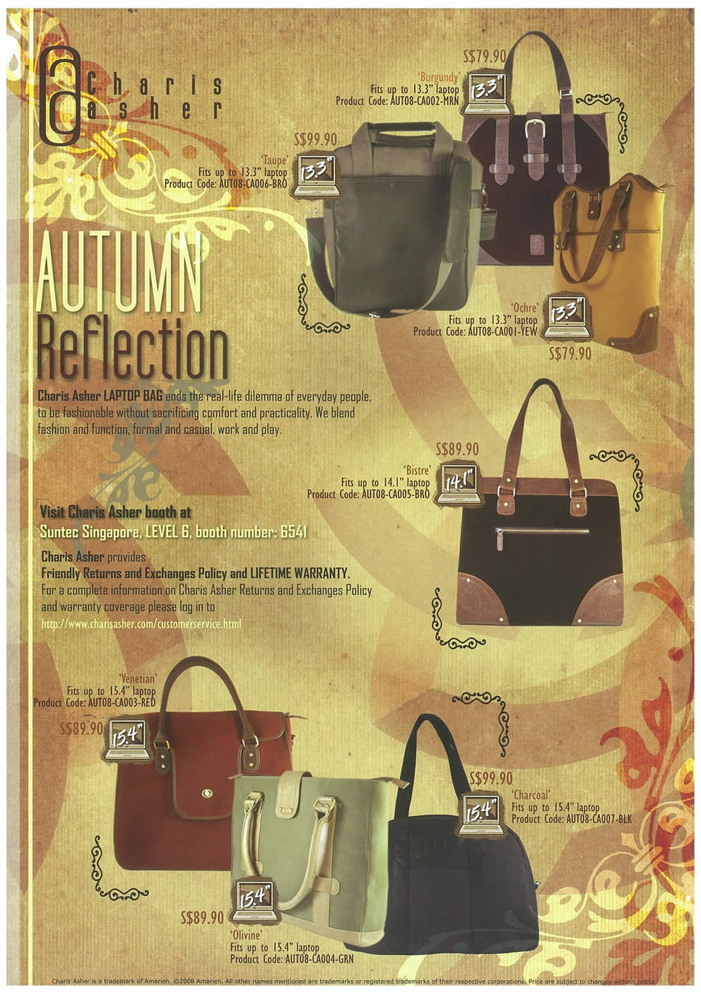 Comex 2008 price list image brochure of Charis Asher Laptop Bags Page 1