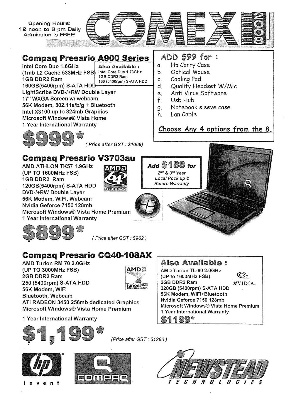 Comex 2008 price list image brochure of Compaq Presario Page 1