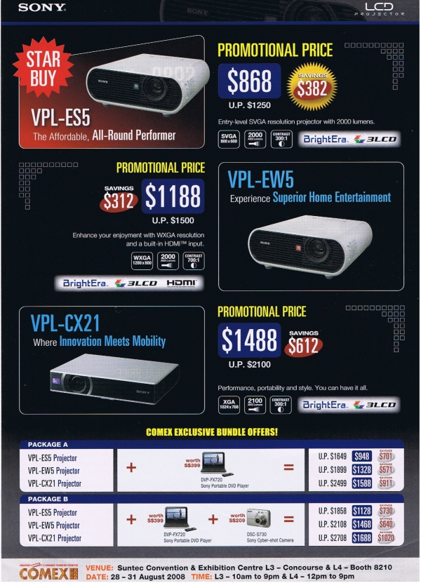 Comex 2008 price list image brochure of Sony Projectors Psychosnake