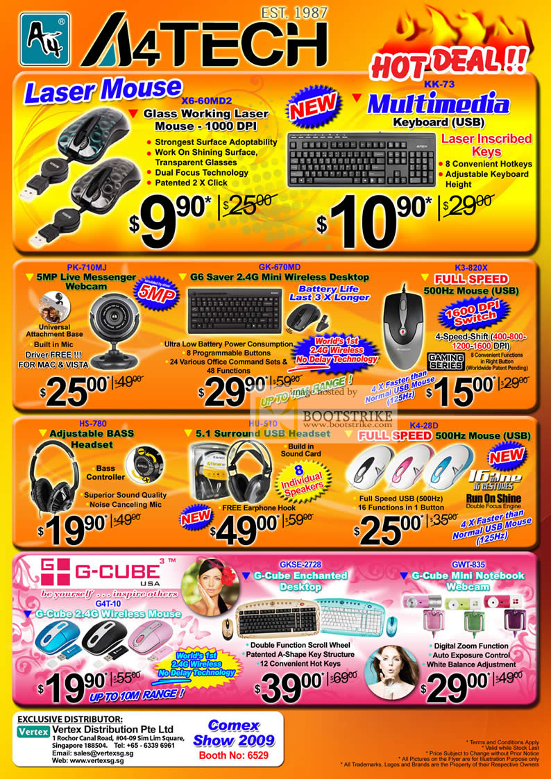 Comex 2009 price list image brochure of A4Tech Laser Mouse Keyboard WebCam G6 Wireless Headset G-Cube