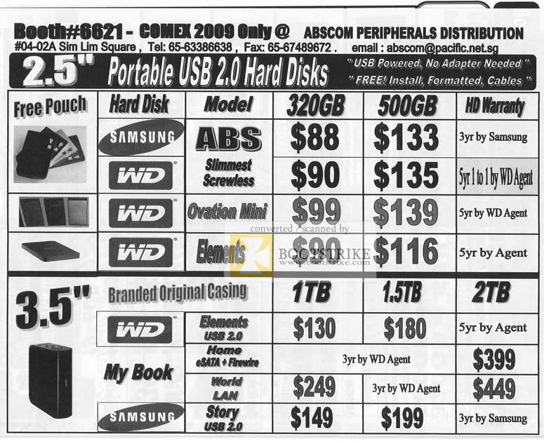 Comex 2009 price list image brochure of Abscom Portable USB Hard Disks WD Samsung Ovation