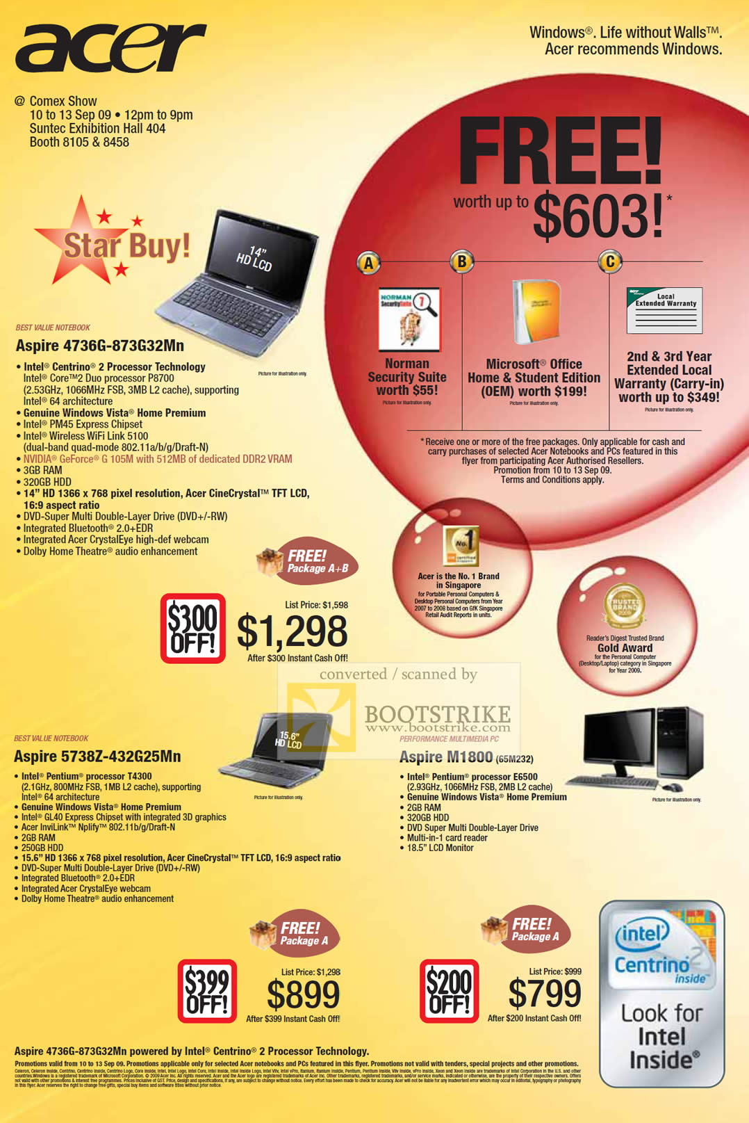 Comex 2009 price list image brochure of Acer Aspire Notebooks 4736G 5738Z M1800 Desktop PC