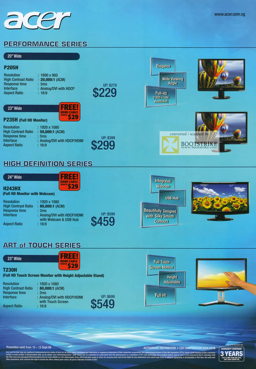 Comex 2009 price list image brochure of Acer LCD Monitors P205H P235H H243HX T230H