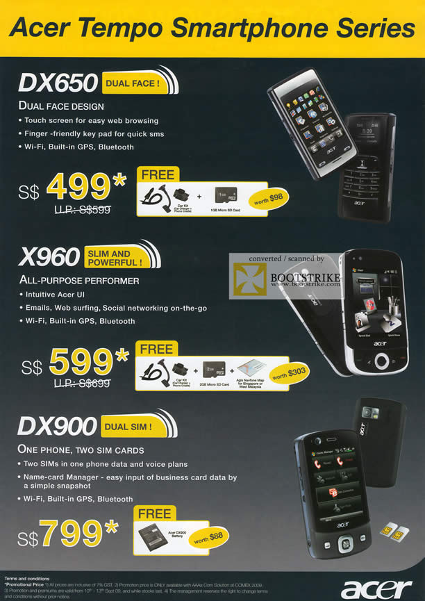 Comex 2009 price list image brochure of Acer Tempo Smartphone DX650 X960 DX900