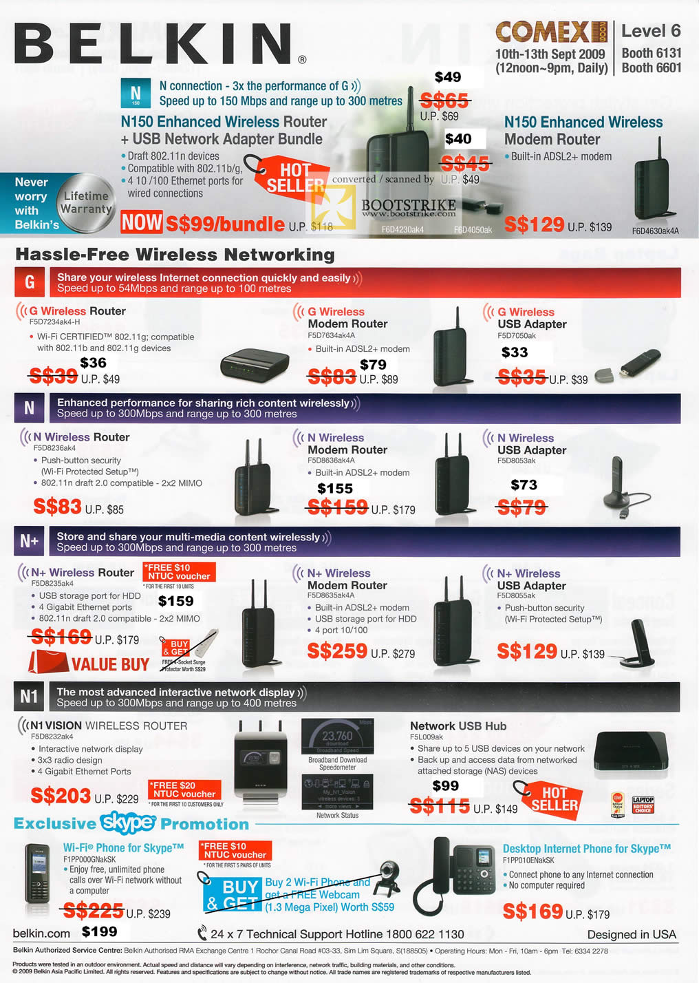 Comex 2009 price list image brochure of Belkin Wireless Networking Router Adaptor Network USB Hub Skype Phone