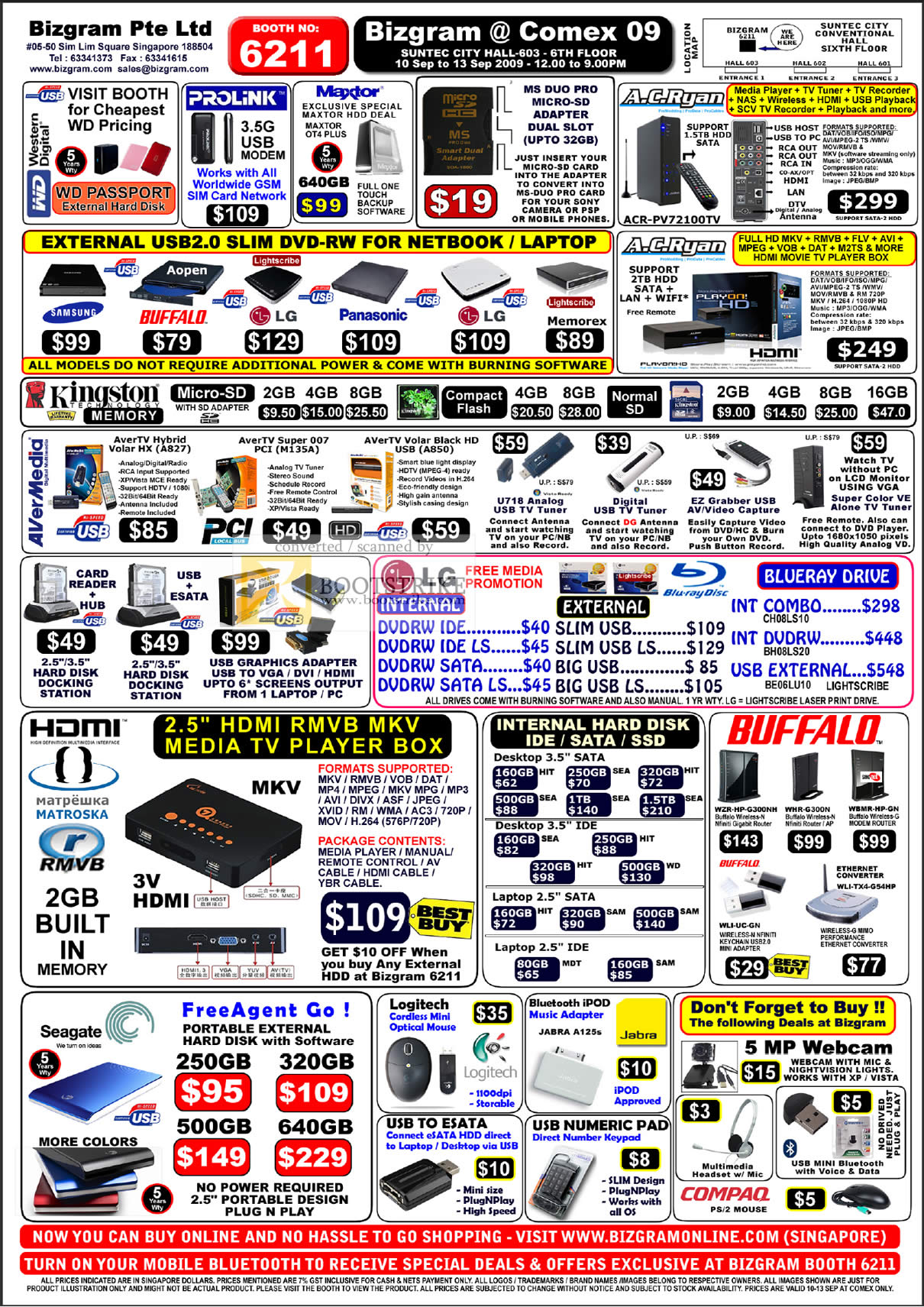 Comex 2009 price list image brochure of Bizgram AC Ryan External Internal Storage DVD Memory TV BluRay Buffalo