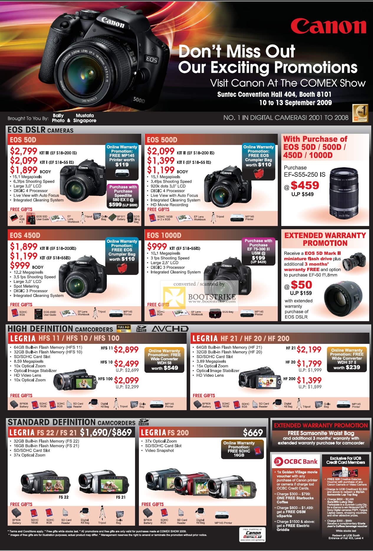 Comex 2009 price list image brochure of Canon EOS DSLR 50D 500D 450D 1000D Cameras HD Camcorders Legria