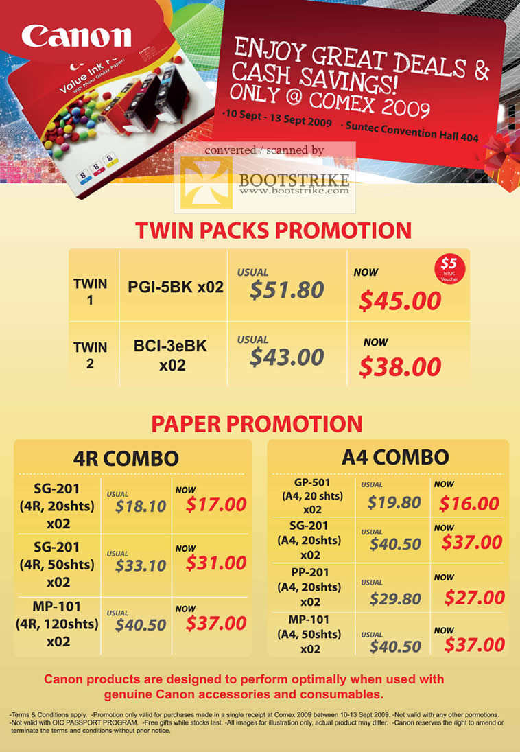 Comex 2009 price list image brochure of Canon Paper 4R A4 Twin Packs PGI-5BK BCI-3eBK