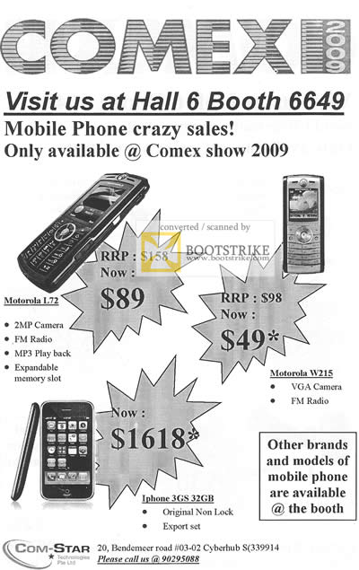 Comex 2009 price list image brochure of Com-Star Mobile Phone Motorola L72 IPhone 3GS 32GB W215