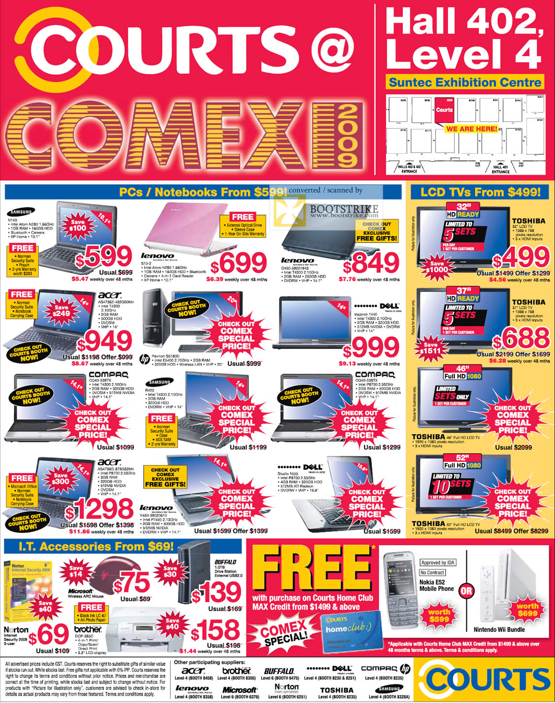 Comex 2009 price list image brochure of Courts Desktops Notebooks Samsung Lenovo Acer Compaq Dell HP Toshiba LCD TV Norton