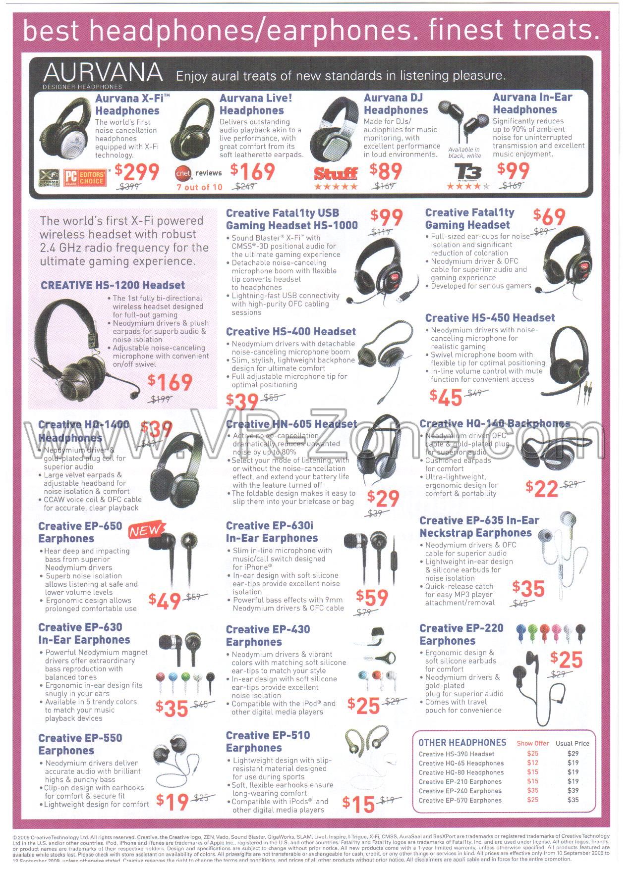 Comex 2009 price list image brochure of Creative Headphones Earphones Aurvana Headset EP