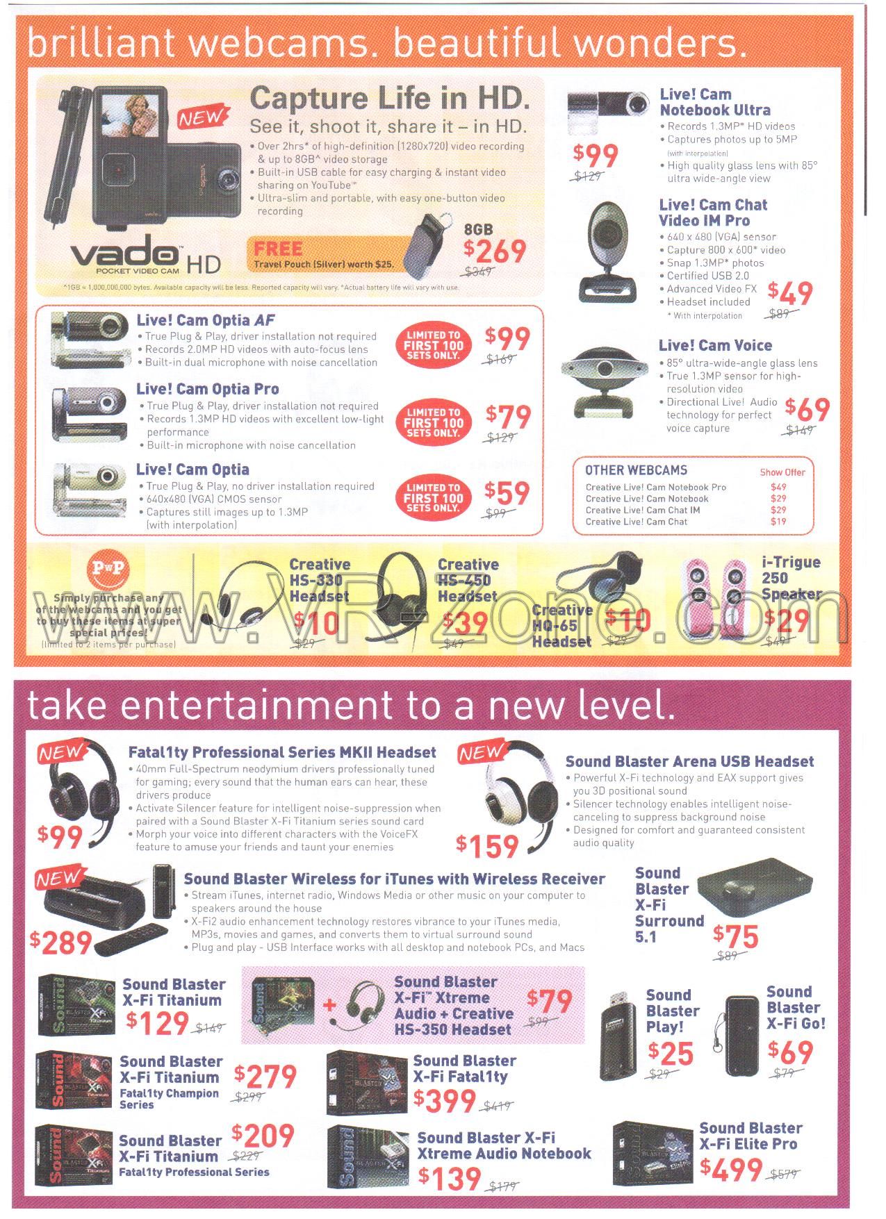 Comex 2009 price list image brochure of Creative Webcam Vado Live Fatal1ty SoundBlaster X-Fi