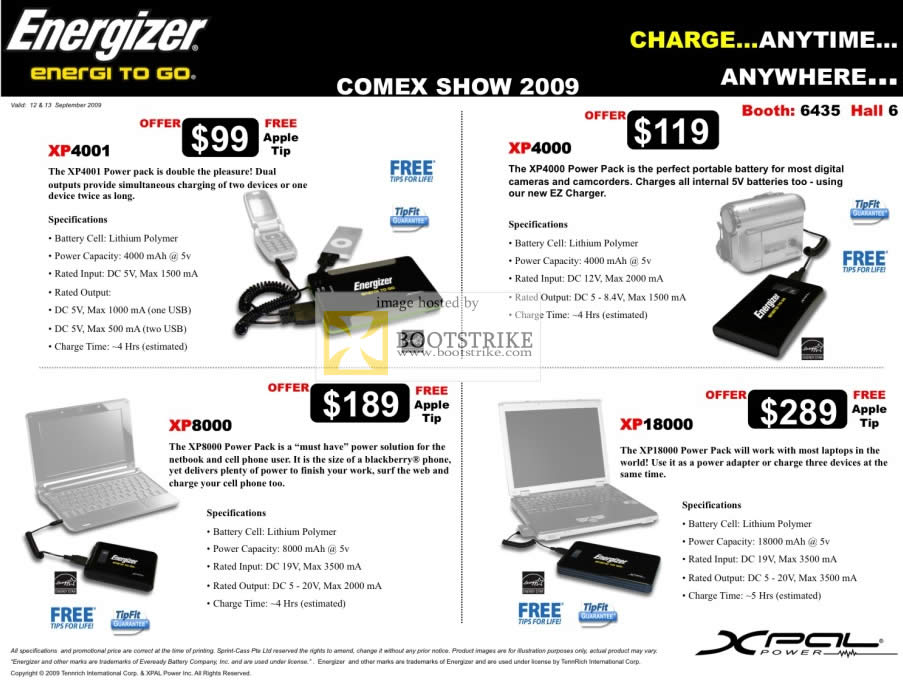 Comex 2009 price list image brochure of Energizer Charger XP4001 XP4000 XP8000 XP18000