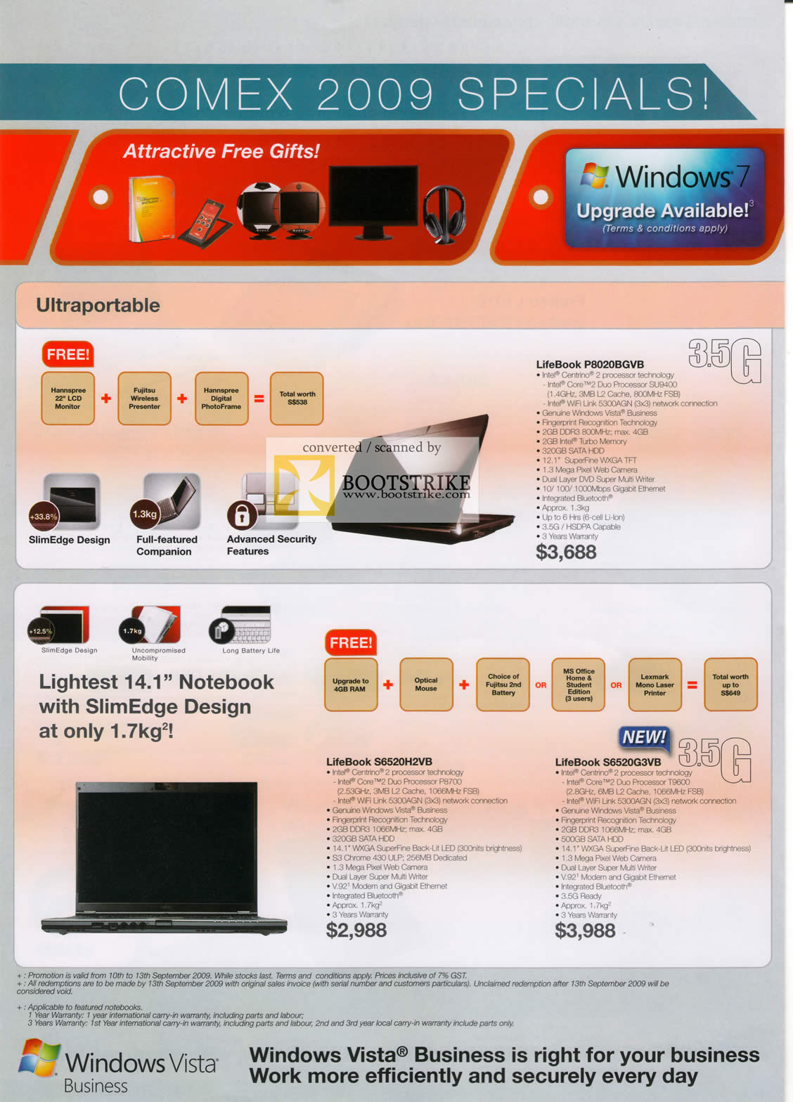 Comex 2009 price list image brochure of Fujitsu Notebooks LifeBook P8020BGVB S6520H2VB S6520G3VB SlimEdge