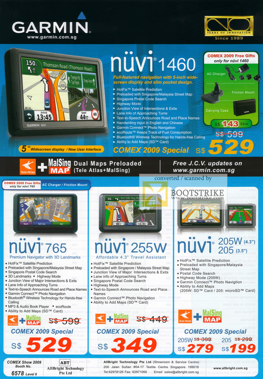 Comex 2009 price list image brochure of Garmin GPS Nuvi 1460 765 255w 205w 205