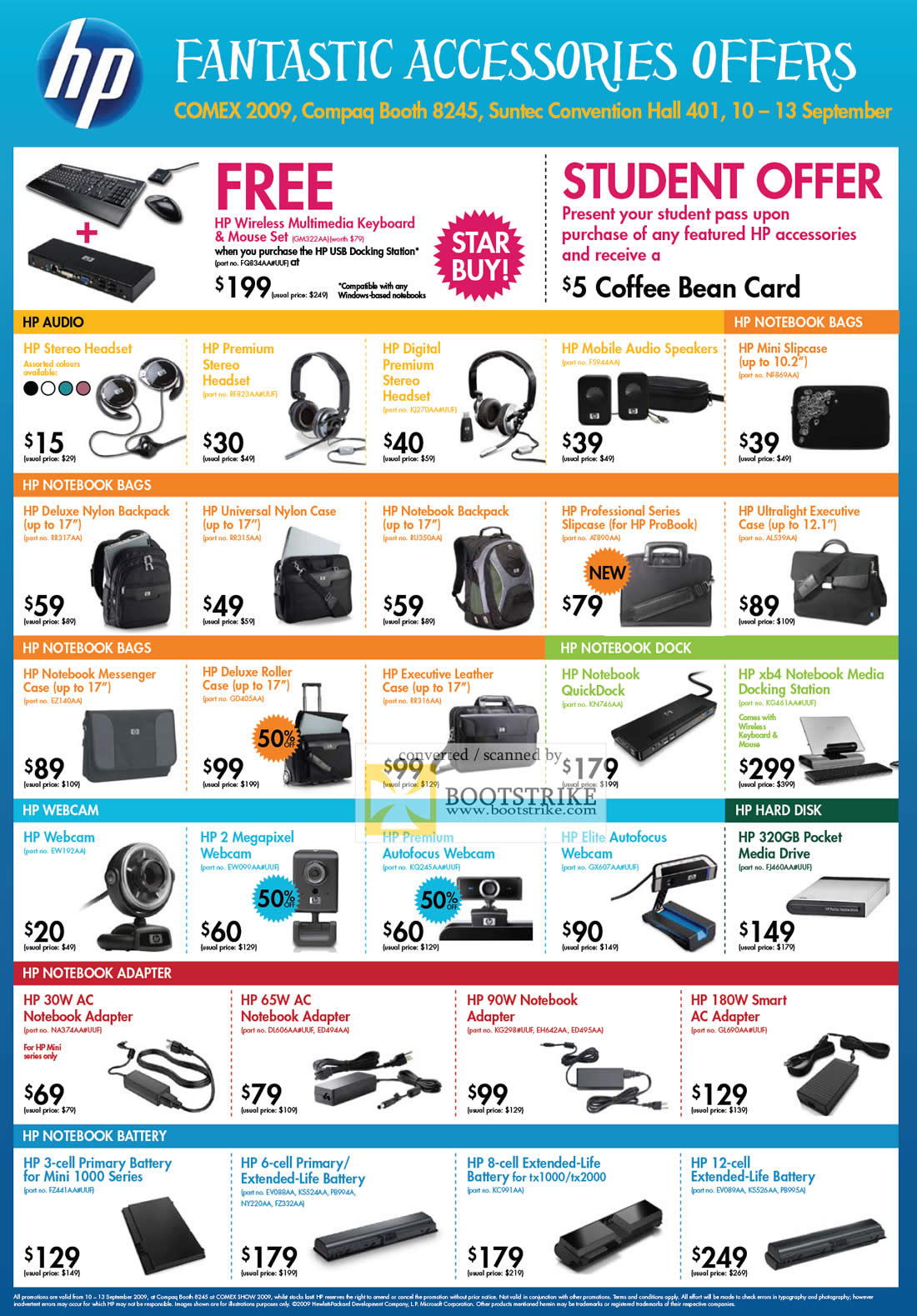 Comex 2009 price list image brochure of HP Accessories Audio Headset Speakers Bag Webcam Notebook Adapter Battery