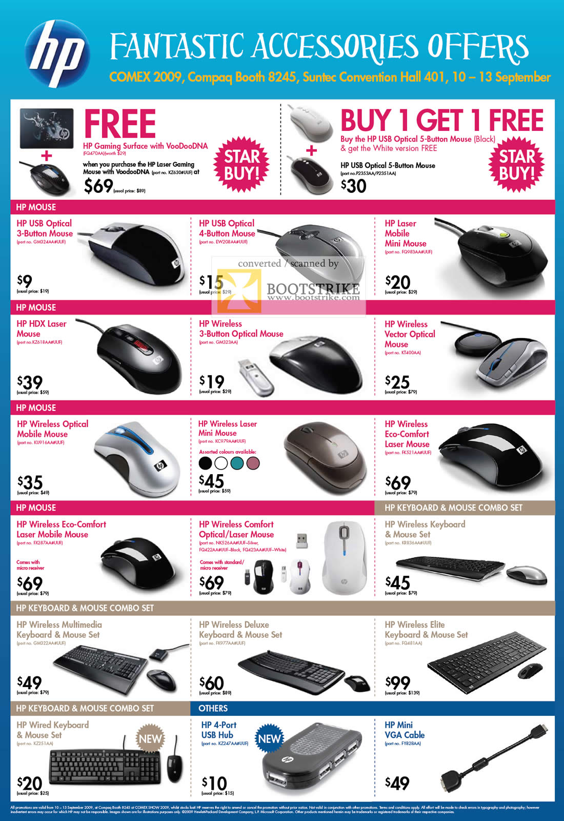 Comex 2009 price list image brochure of HP Accessories Mouse Keyboard USB Hub Mini VGA Cable