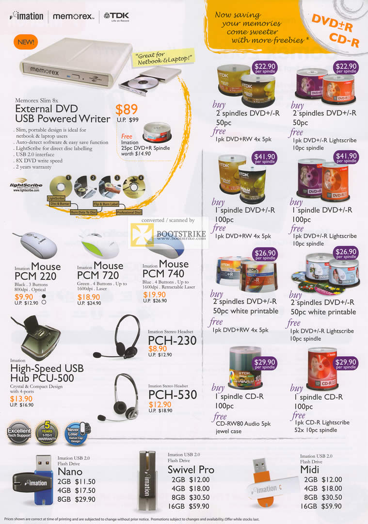 Comex 2009 price list image brochure of Imation Memorex TDK DVD Writer DVD-R CD-R Mouse Headset Nano Swivel Midi