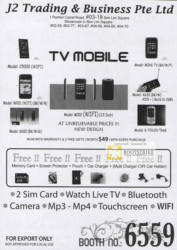 Comex 2009 price list image brochure of J2 TV Mobile C5000 Mini DV W001 K600 K Touch T668