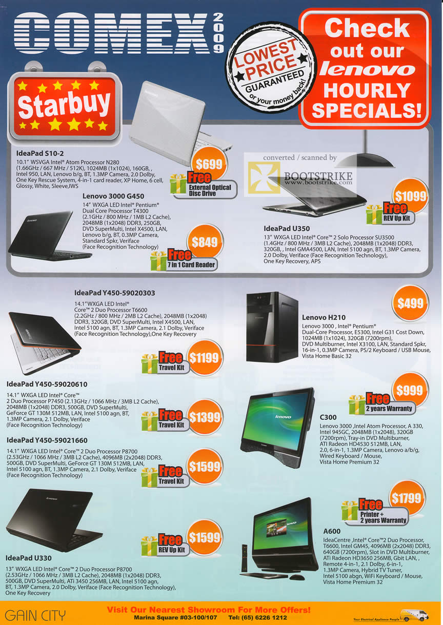 Comex 2009 price list image brochure of Lenovo Notebooks Desktops Tablets IdeaPad S10 3000 G450 U350 H210 Y450 C300 A600