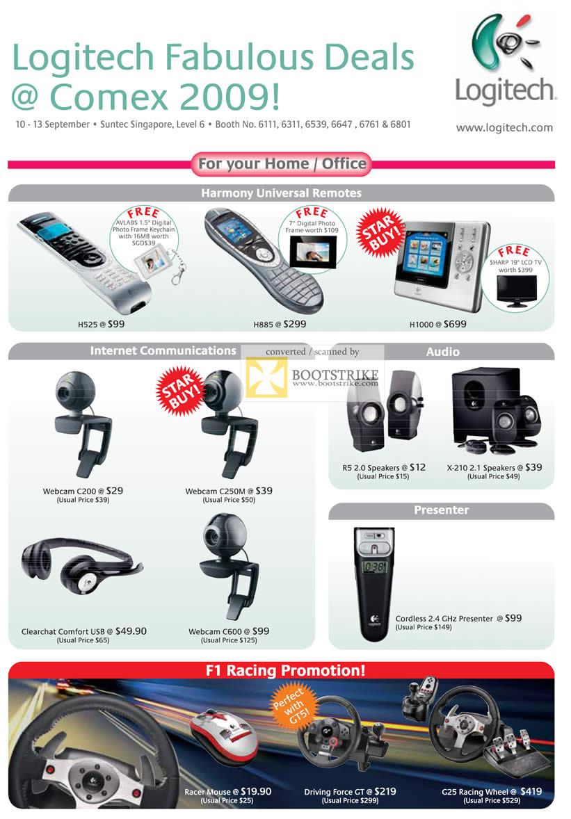 Comex 2009 price list image brochure of Logitech Harmony Remote Webcam Speakers Presenter Driving Wheel