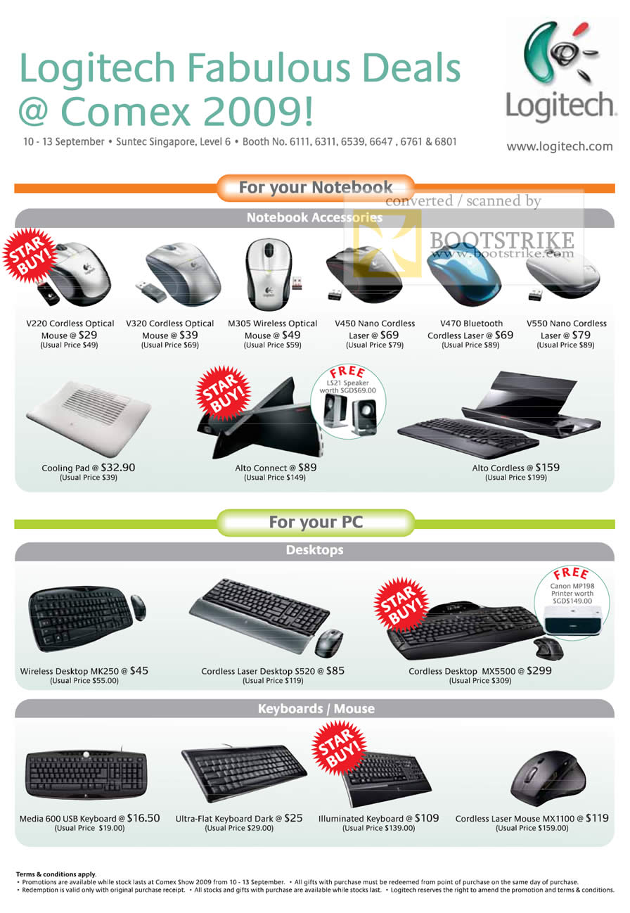 Comex 2009 price list image brochure of Logitech Notebook Mouse Cordless Bluetooth Keyboard Alto Wireless