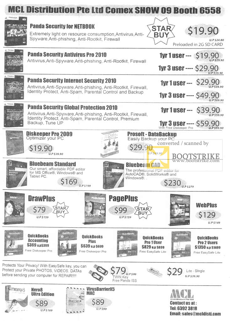 Comex 2009 price list image brochure of MCL Panda Security Diskeeper P Prosoft Bluebeam DrawPlus Quickbooks Nero