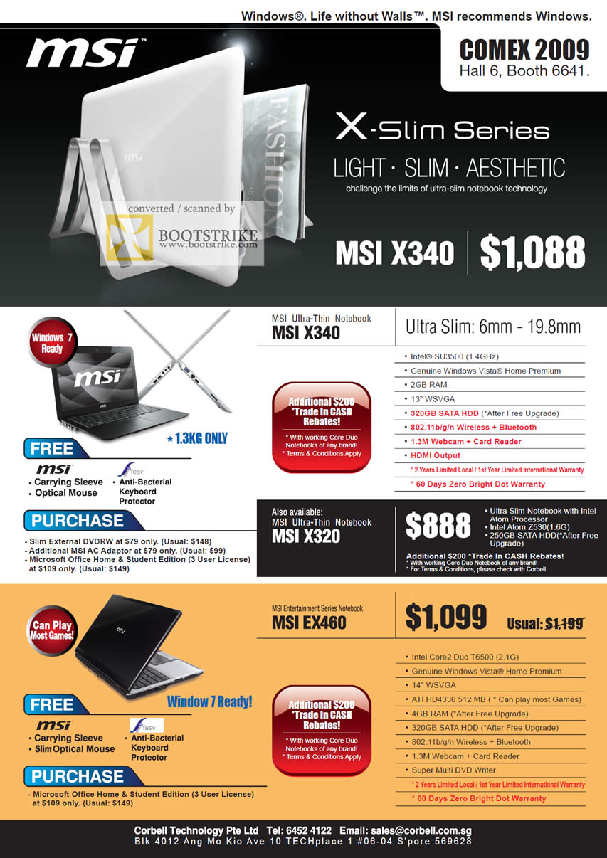 Comex 2009 price list image brochure of MSI Notebook Ultra Thin X340 X320 Entertainment EX460