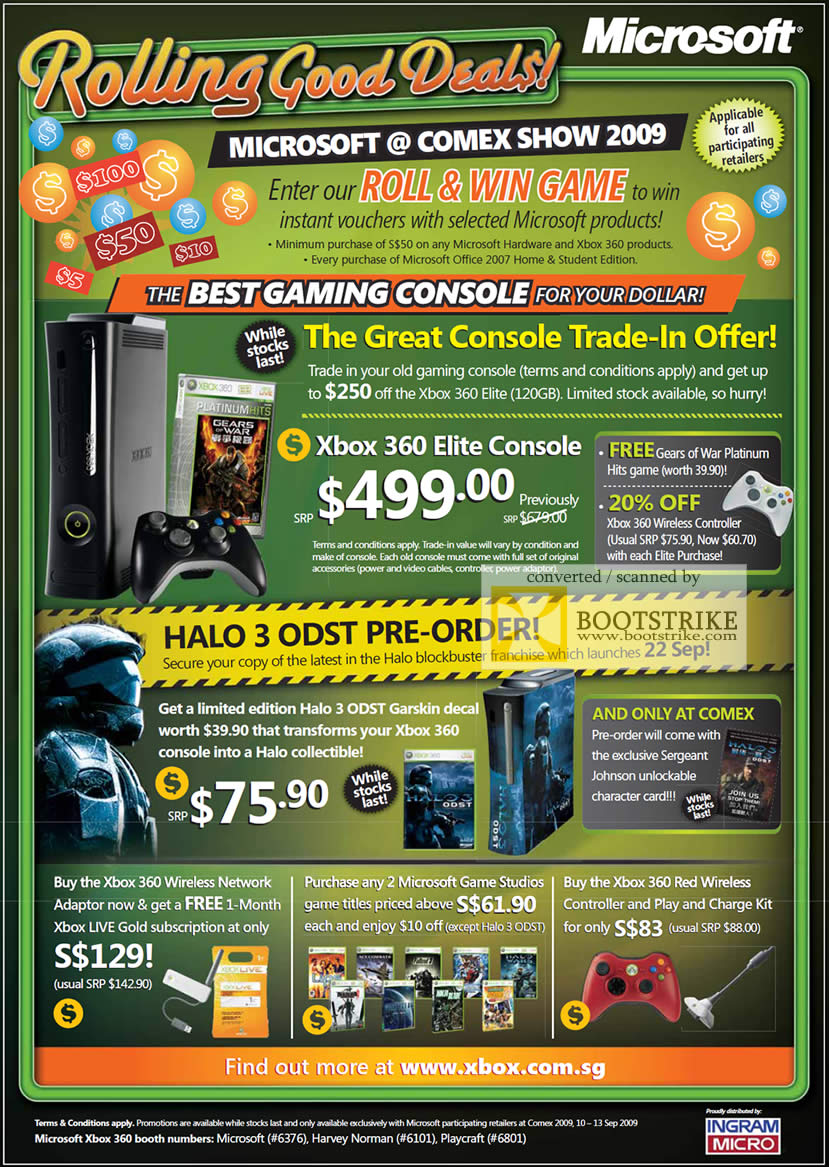 Comex 2009 price list image brochure of Microsoft XBox 360 Elite Trade-In Halo 3 Game Controller Wireless Network