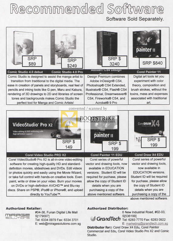 Comex 2009 price list image brochure of Mirage Comic Studio Adobe CS4 Corel Draw Painter Video