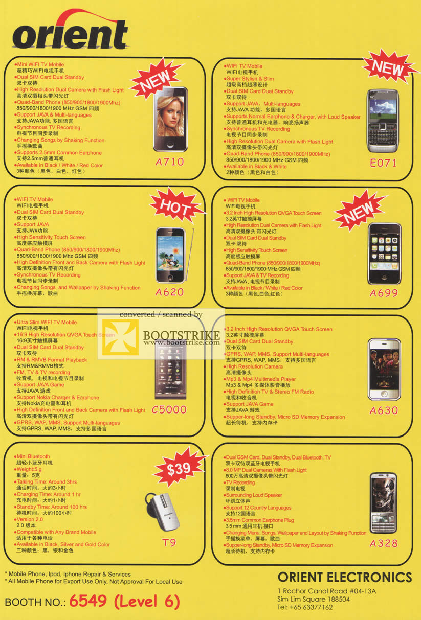 Comex 2009 price list image brochure of Orient TV Mobile A710 A620 E071 A699 C5000 A630 T9 A328