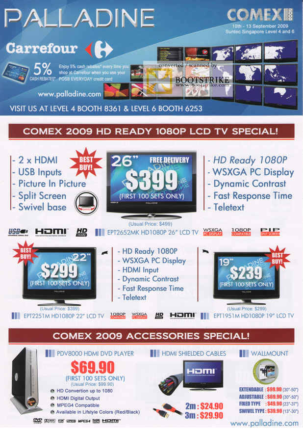 Comex 2009 price list image brochure of Palladine LCD TV HDMI DVD Player Cables Wallmount Carrefour