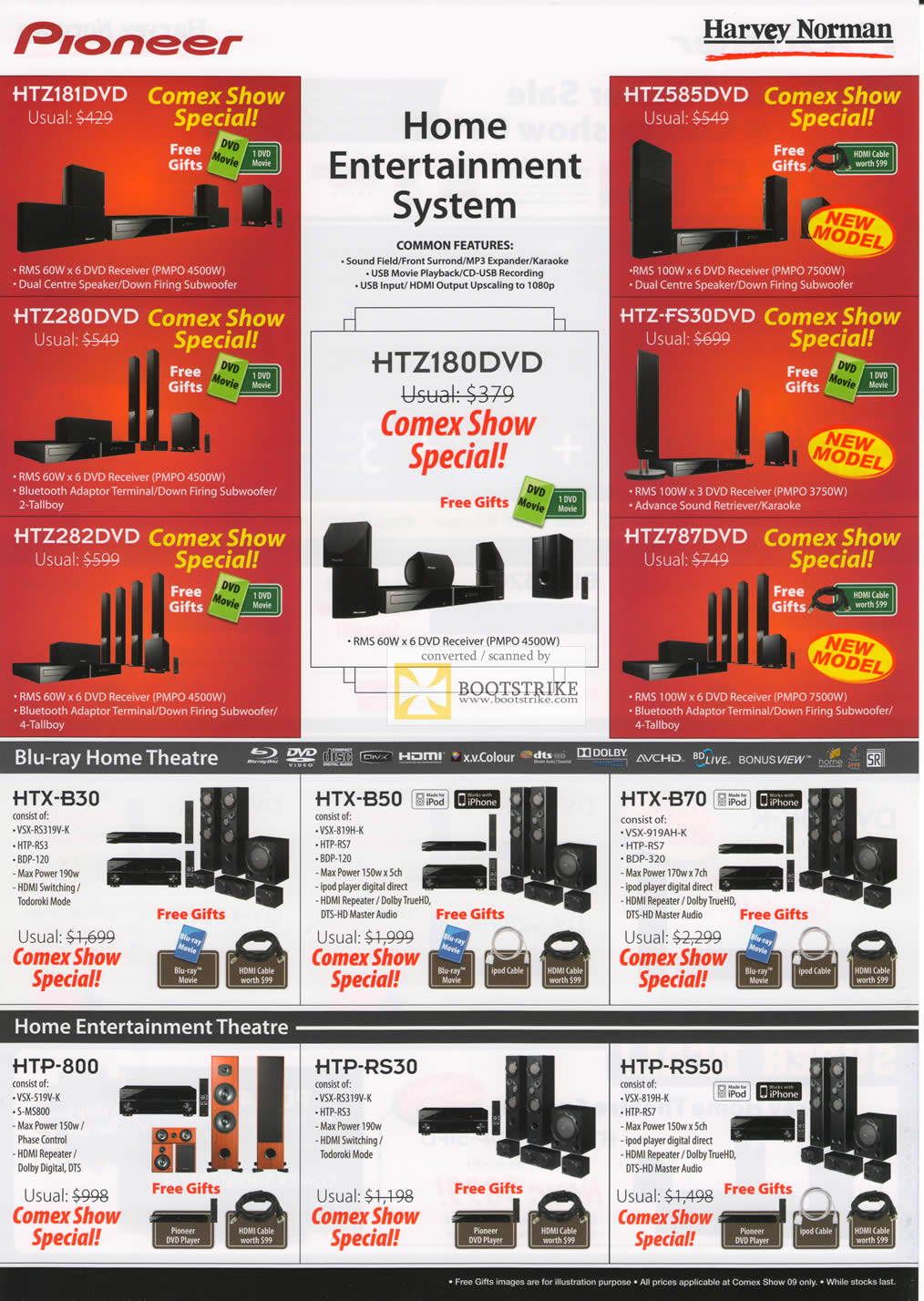 Comex 2009 price list image brochure of Pioneer Home Entertainment System Blu Ray Theatre Harvey Norman