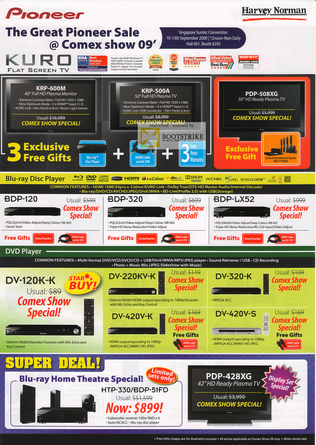 Comex 2009 price list image brochure of Pioneer Kuro Plasma TV Blu Ray DVD Player Home Theatre Harvey Norman