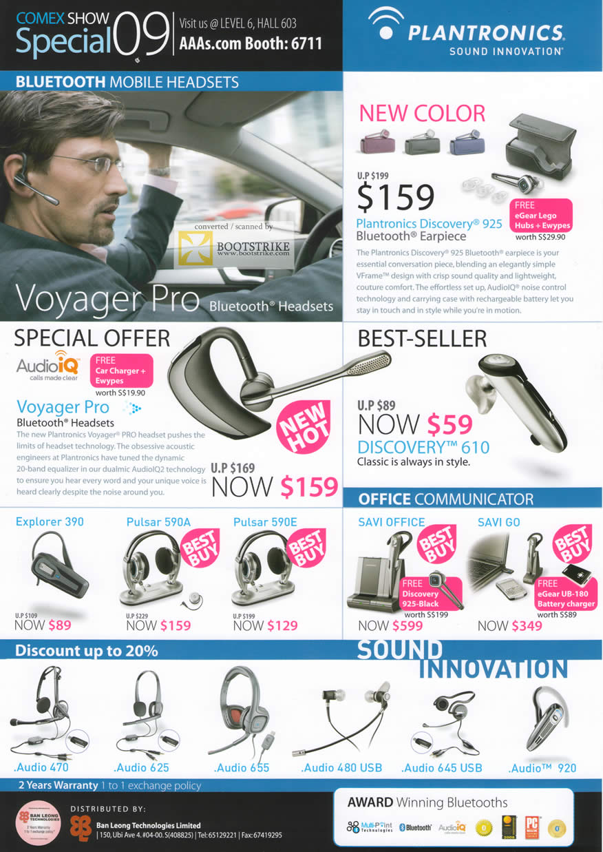 Comex 2009 price list image brochure of Plantronics Bluetooth Mobile Headsets Voyager Pro Explorer Pulsa Audio