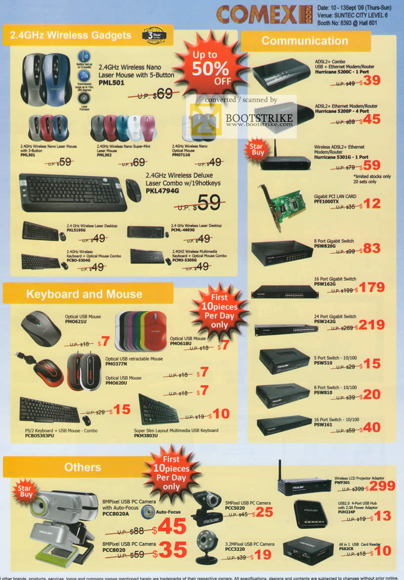 Comex 2009 price list image brochure of Prolink Wireless Gadgets Communication Keyboard Mouse PC Camera Router Switch