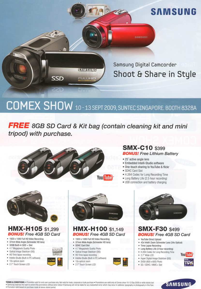 Comex 2009 price list image brochure of Samsung Digital Video Camcorders SMX C10 F30 HMX H105 H100