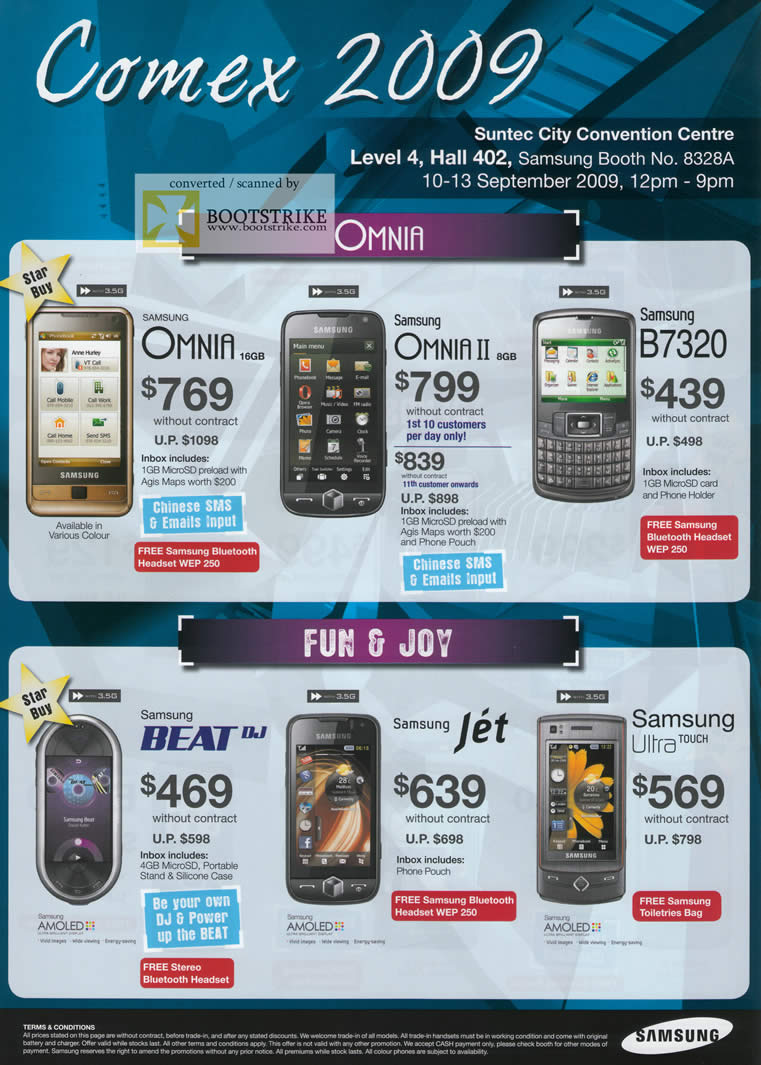 Comex 2009 price list image brochure of Samsung Mobile Phones Omnia II B7320 Beat Jet Ultra