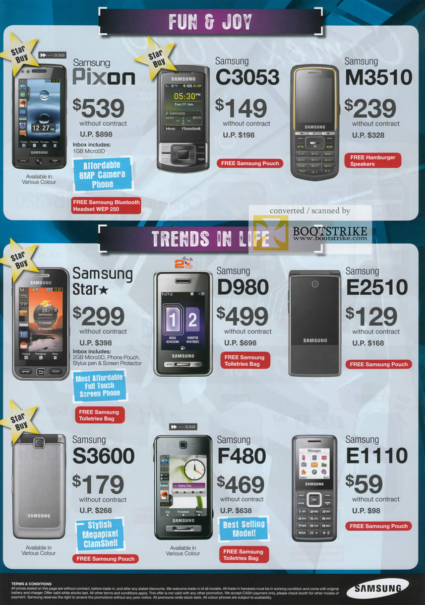 Comex 2009 price list image brochure of Samsung Mobile Phones Pixon C3053 M3510 Star D980 E2510 S3600 F480 E1110