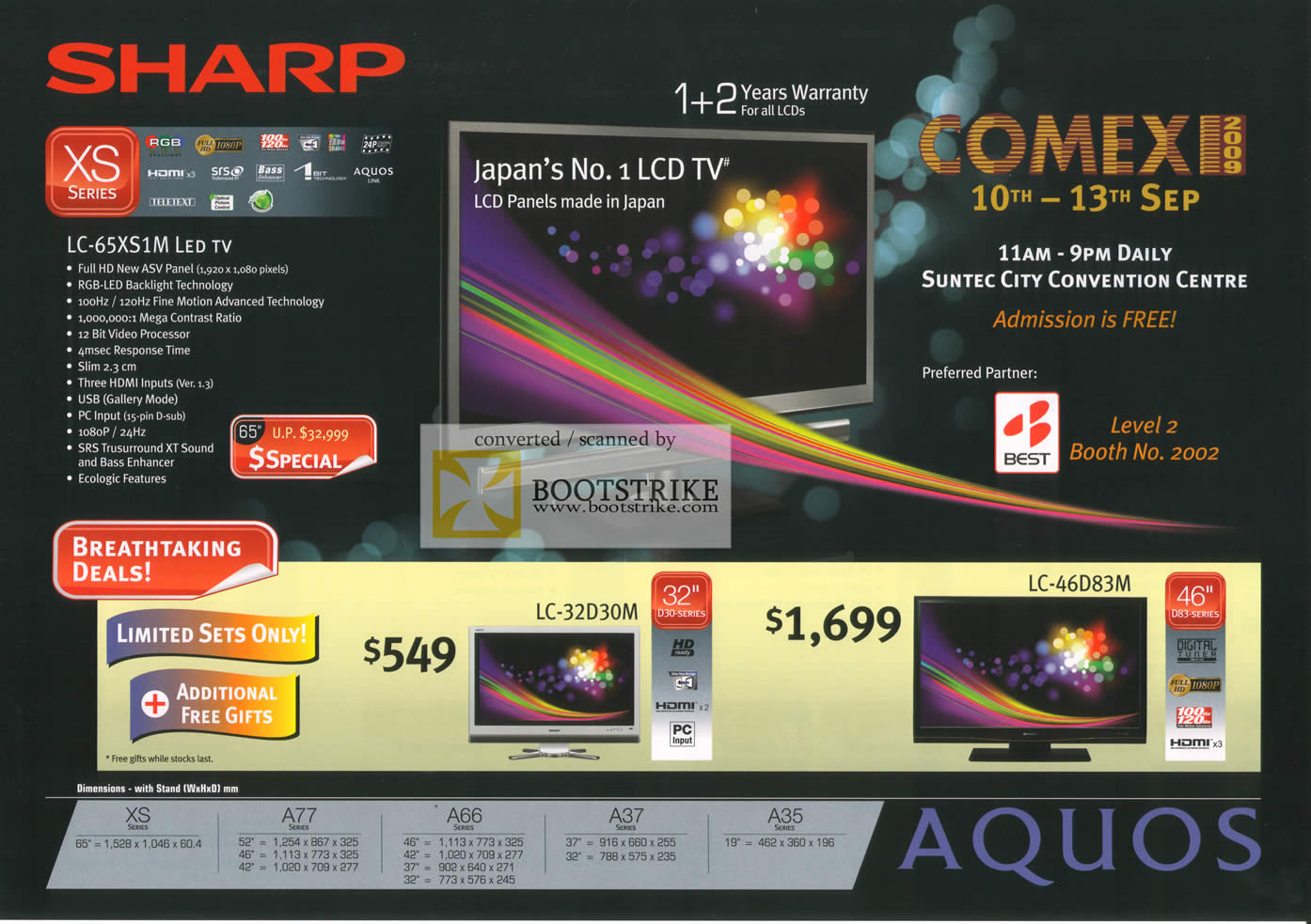 Comex 2009 price list image brochure of Sharp Aquos LED TV XS LC 65XS1M 32D30M 46D38M