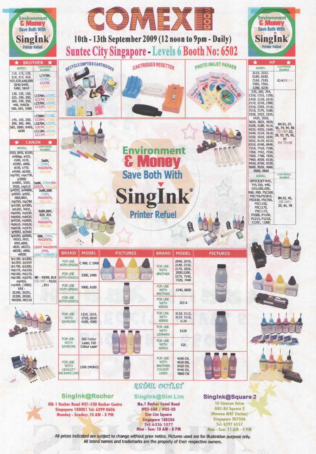 Comex 2009 price list image brochure of Singink Printer Ink Refuel Brother Canon HP