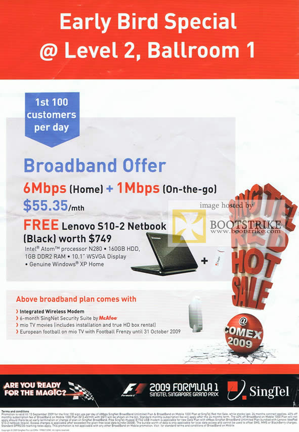 Comex 2009 price list image brochure of Singtel Singnet Early Bird ADSL Broadband On Mobile Offer