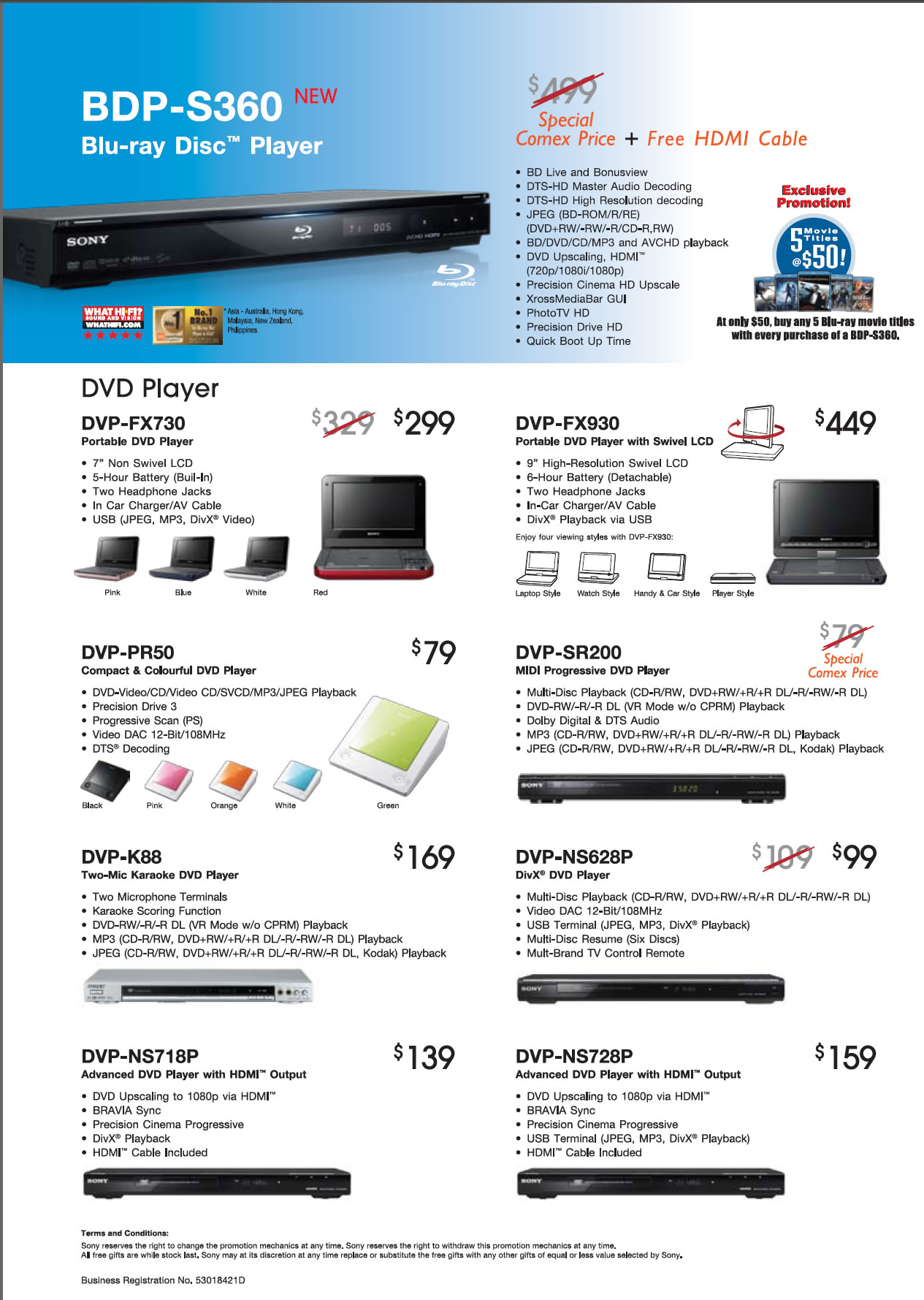 Comex 2009 price list image brochure of Sony Blu-Ray Disc Player BDP S360 DVD DVP FX730 FX930 PR50 SR200 K88 NS628P