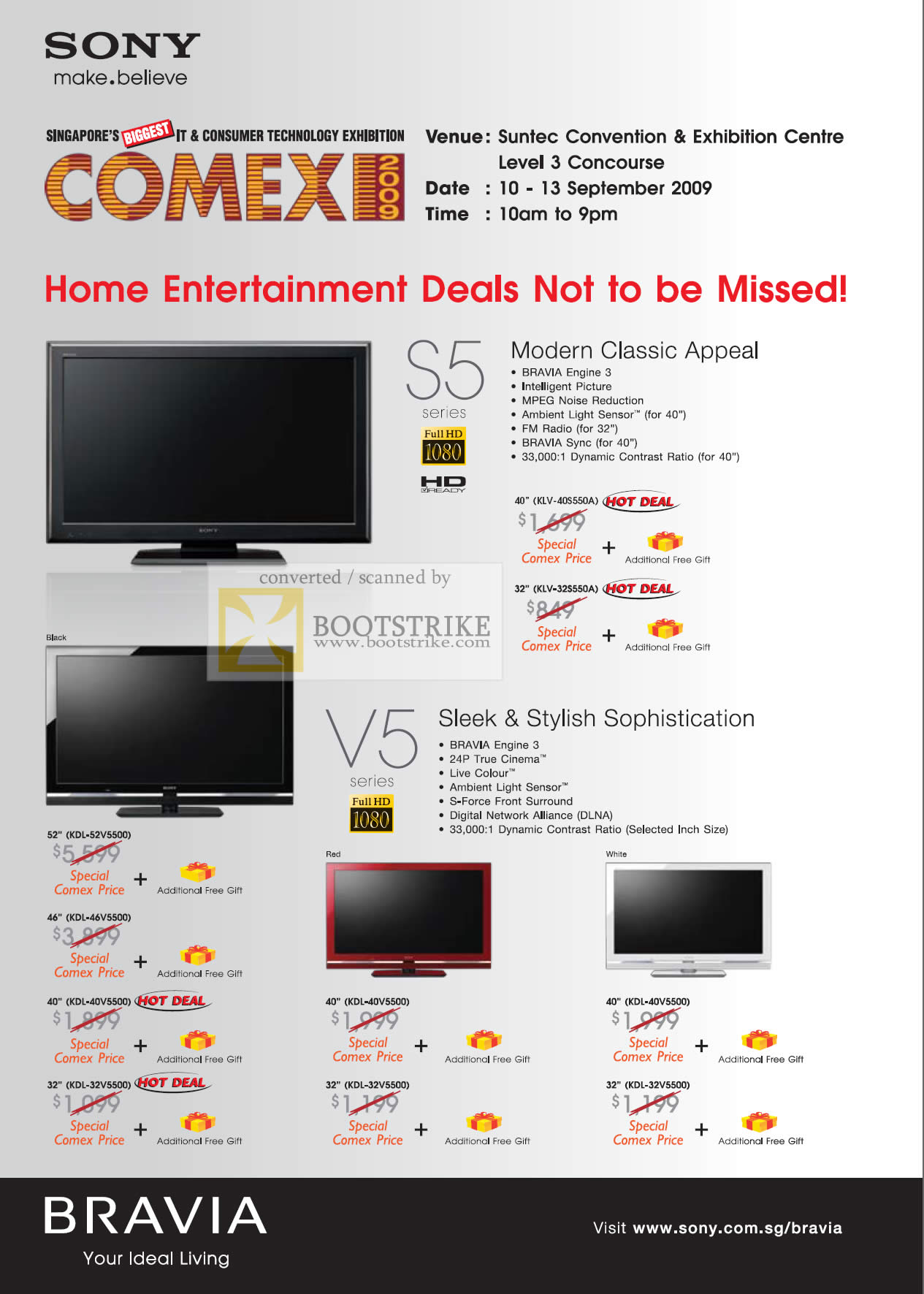 Comex 2009 price list image brochure of Sony Bravia TV S5 KLV 40S440A 32S550A V5 KDL 52V5500