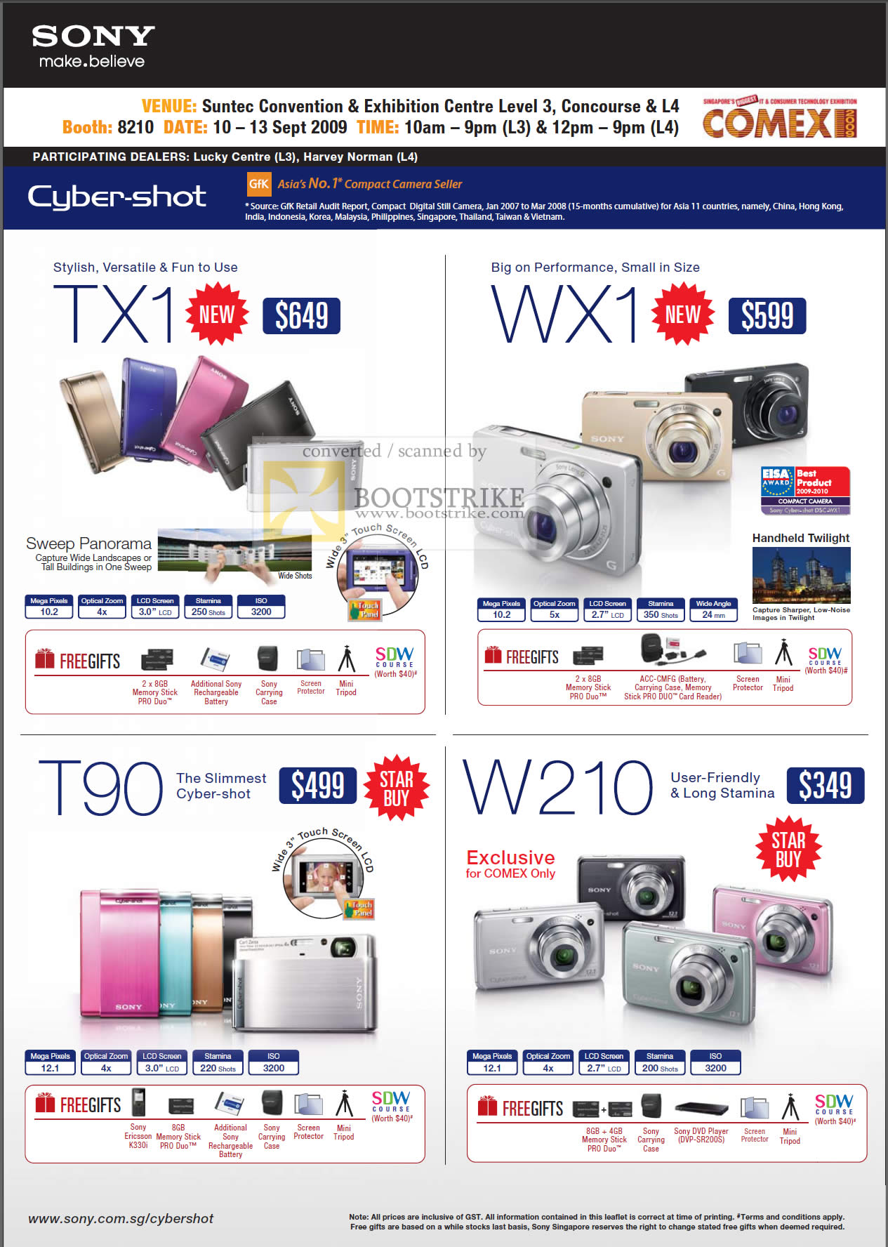 Comex 2009 price list image brochure of Sony Cybershot Digital Cameras TX1 WX1 T90 W210