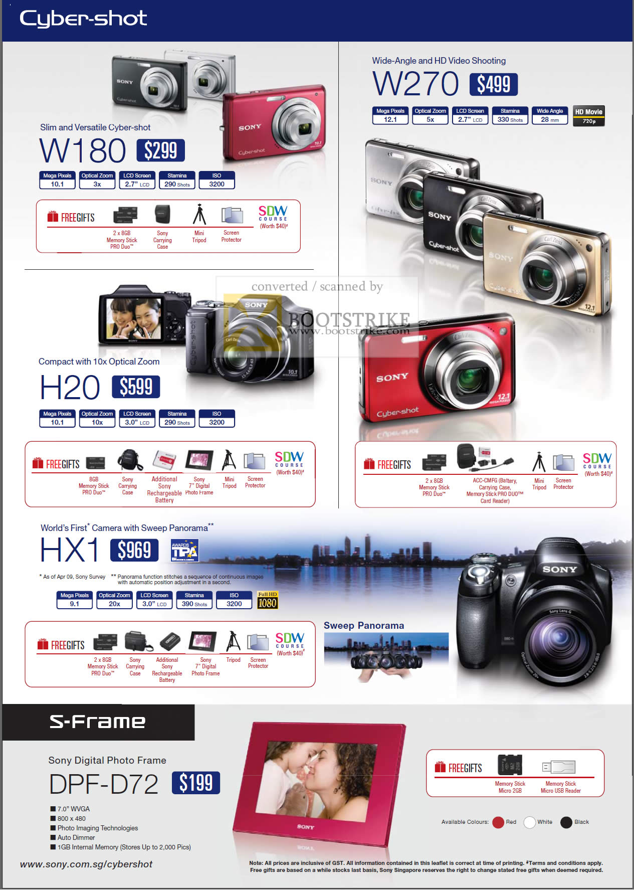 Comex 2009 price list image brochure of Sony Cybershot Digital Cameras W180 H20 HX1 W270 DPF D72 S-Frame Digital Photo