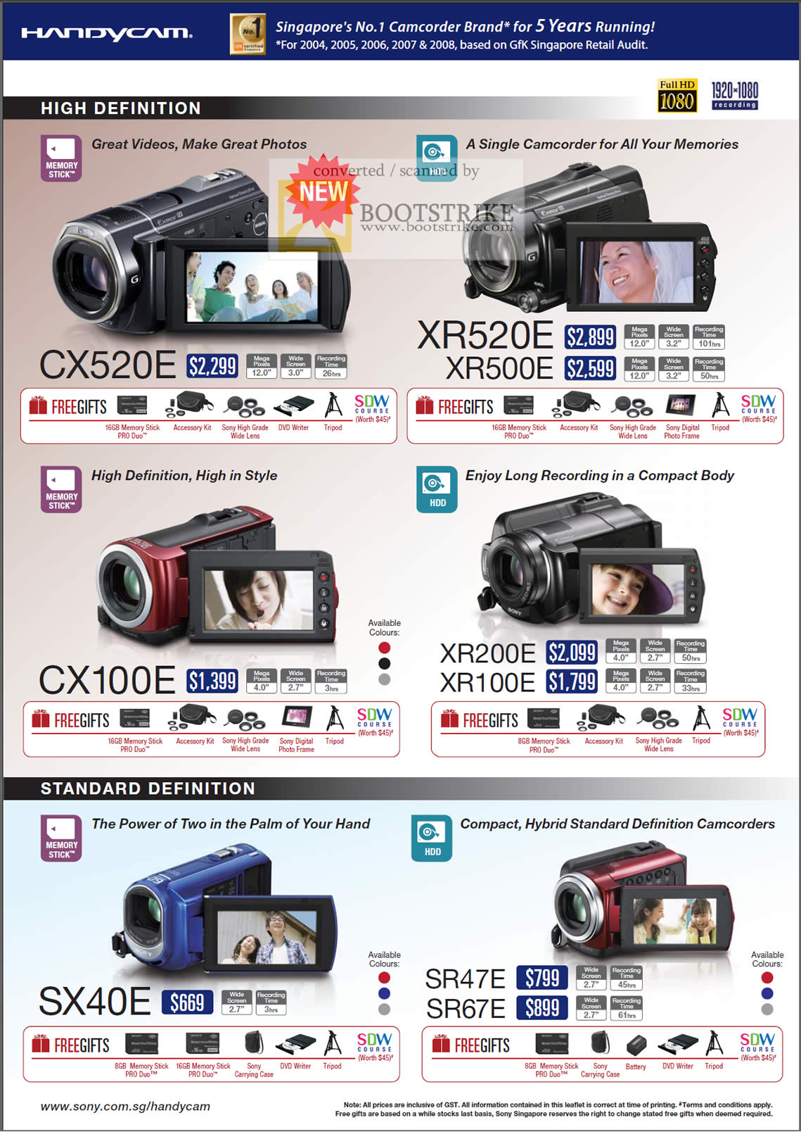 Comex 2009 price list image brochure of Sony HandyCam Camcorders CX520E XR520E XR500E CX100E XR200E XR100E SX40E SR47E SR67E