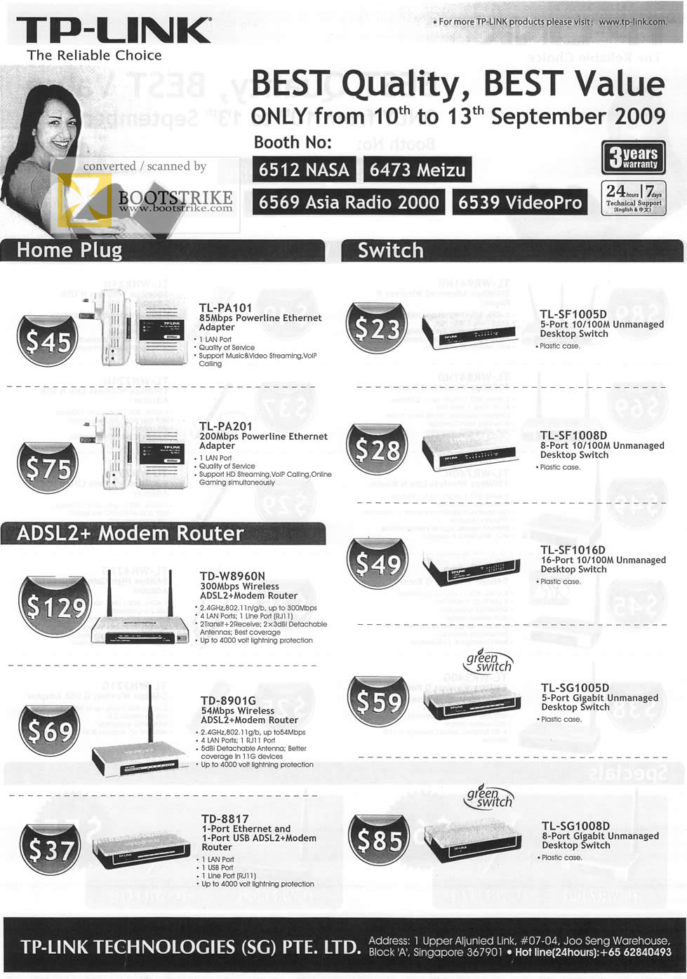 Comex 2009 price list image brochure of TP-Link Home Plug Switch ADSL2 Modem Router